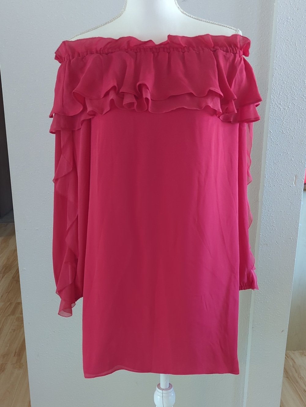 Parker Brand Prism Hot Pink Ruffle Off-Shoulder Dress Retail $368 Sz Small